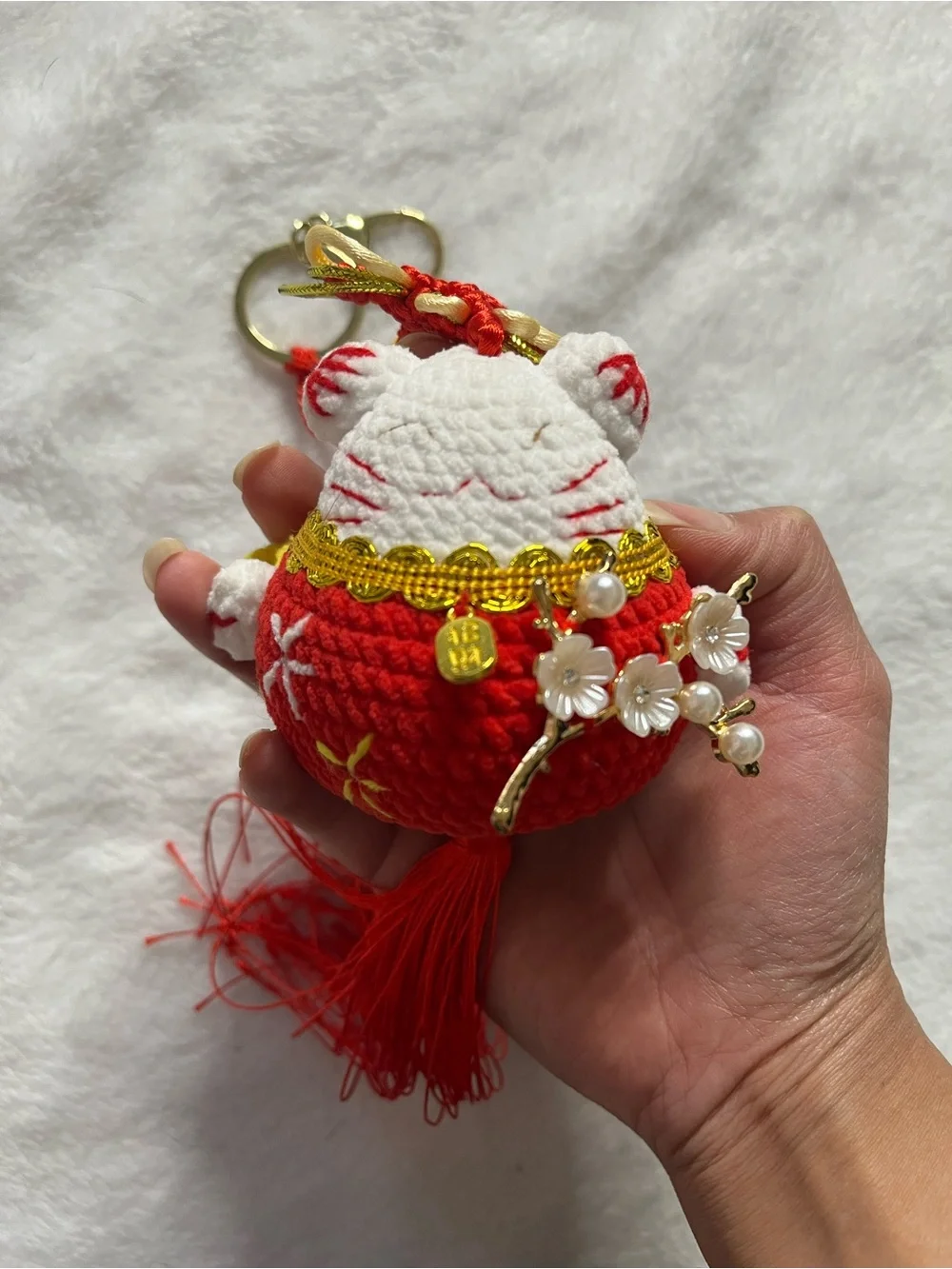 Chinese lucky cat new year Red and White Plush Cat Keychain Charm/car charm